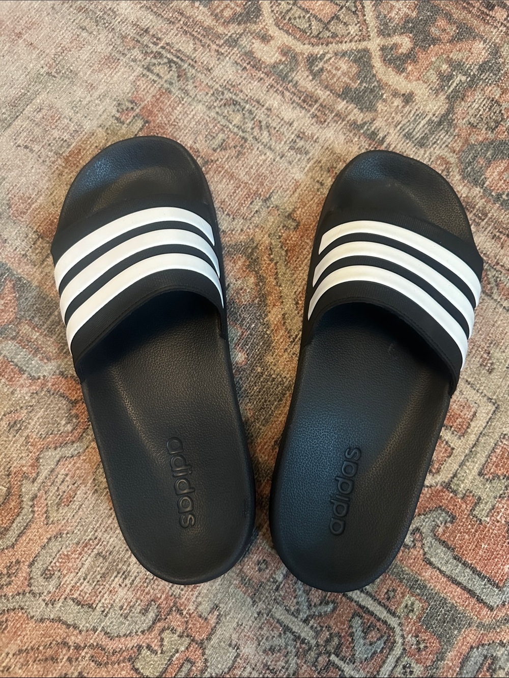 adidas Black Slides with White Stripes Band